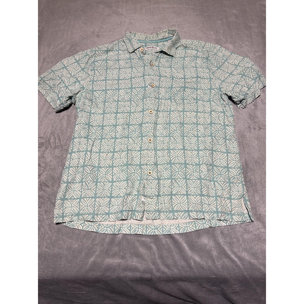 Tommy Bahama Shirt Mens Large Green Silk Floral Hawaiian Short Sleeve Button Up